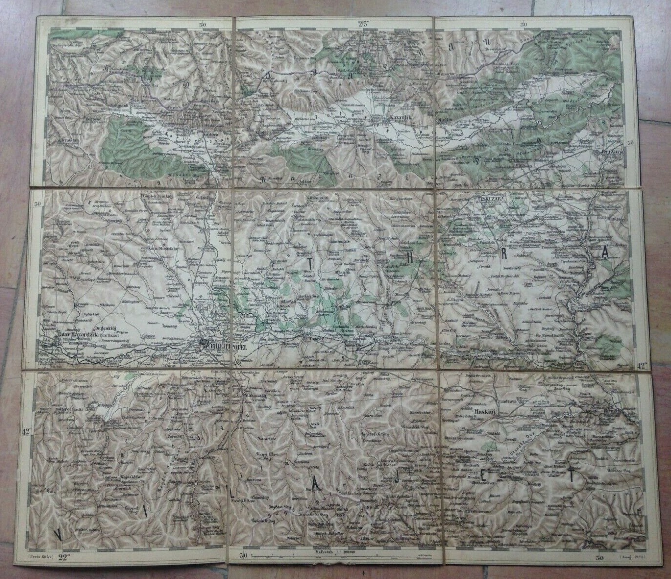 PLOVDIV BULGARIA 1878 by Anonymous DETAILED ANTIQUE MAP ON LINEN