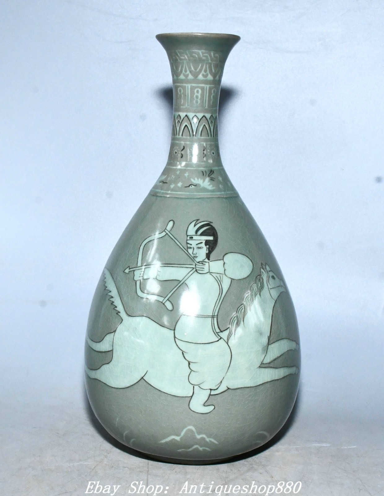 13”Old Korea Koryo Kiln Porcelain Dynasty Palace People Horse Tiger Bottle Vase