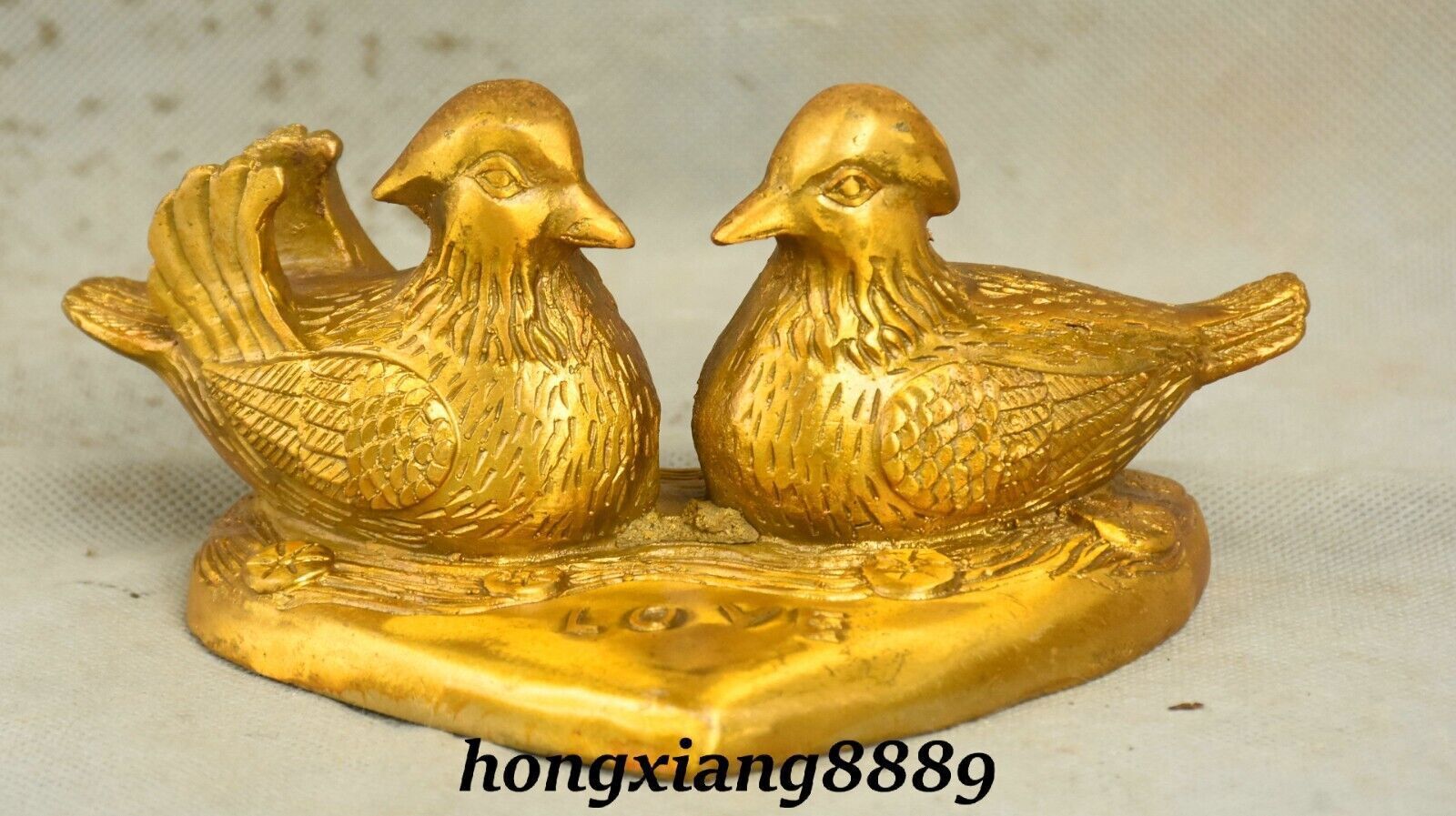 6.2″ Old Pure Bronze Gild mandarin duck lotus leaf Heart-shaped “Love” Statue