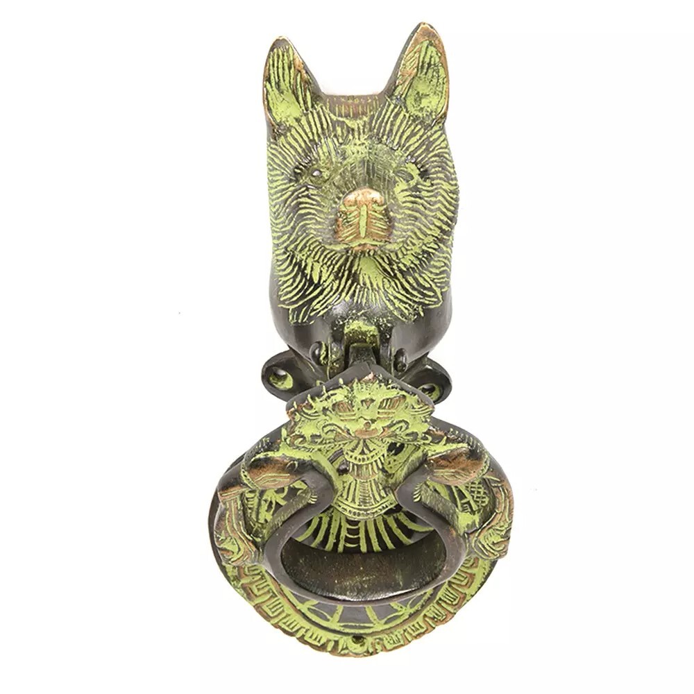 Antique Look Patina Brass Wolf Atop Two Peacock Door Knocker Door Bell