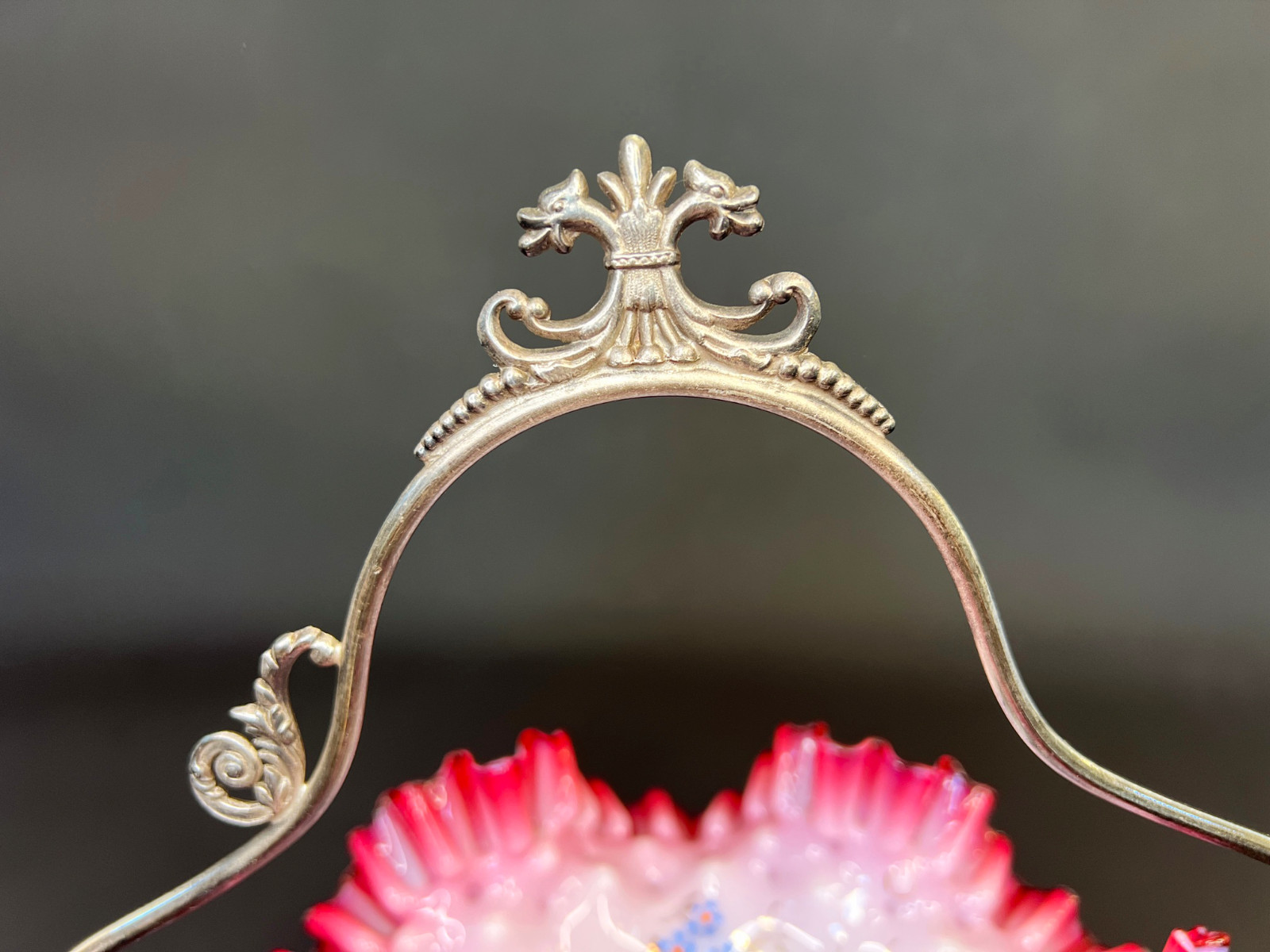 Antique Adelphi Bride Basket Victorian Cranberry Pink Glass Silver Pl w Tongs