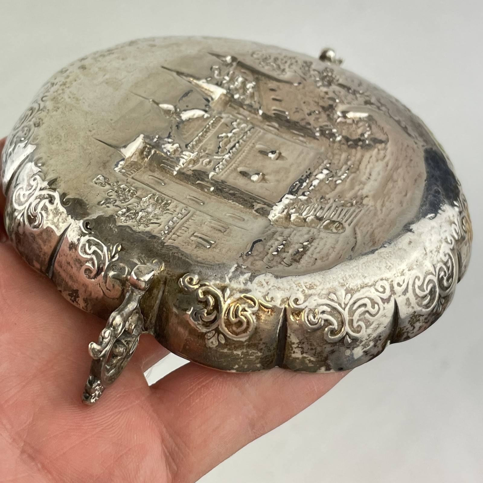 Antique 19thC Dutch Silver Two Handled Dish / Bowl Embossed Castle Scene
