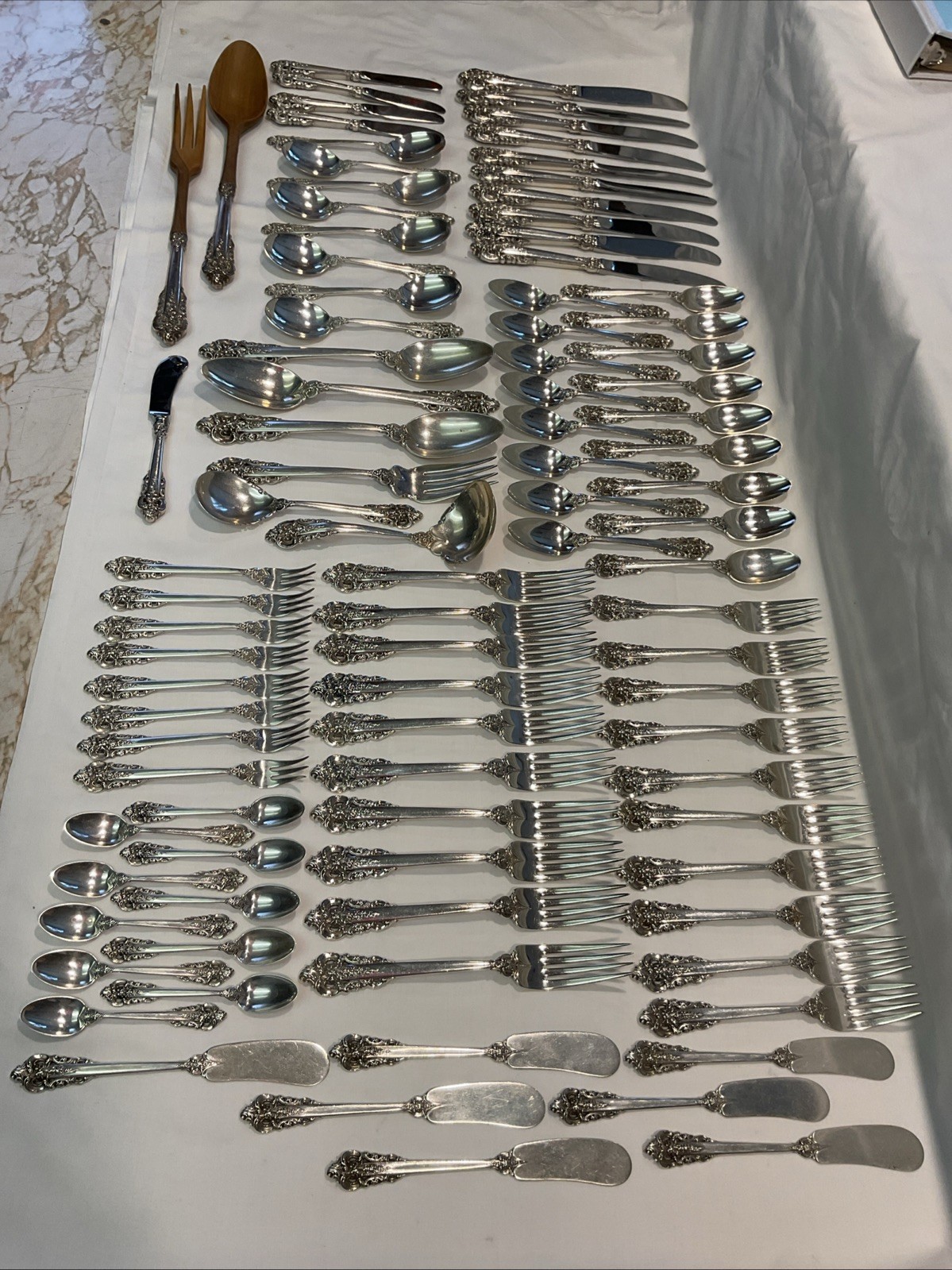 93pc Wallace Sterling Silver Grande Baroque Flatware 10 Person Service + More