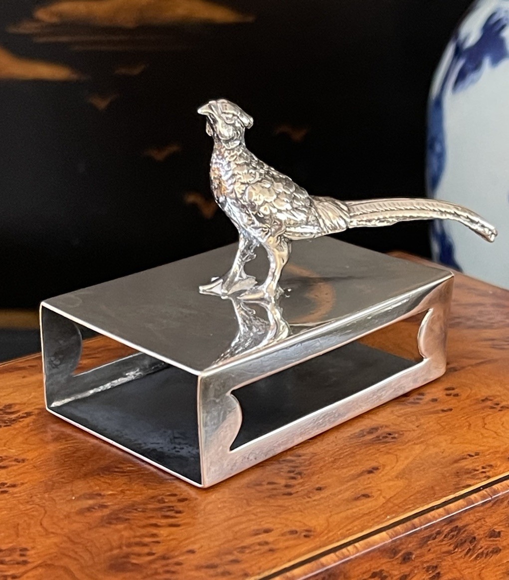 Black Starr & Frost Gorham Sterling Silver Pheasant Bird Match Box Cover c1929