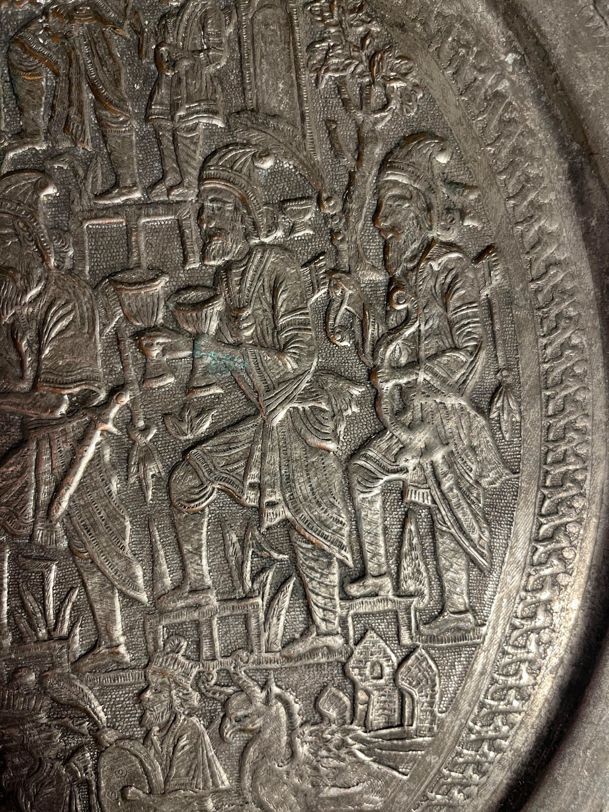 Late 19th Century Antique Middle Eastern Hand Engraved Copper Tray 16″ Diameter