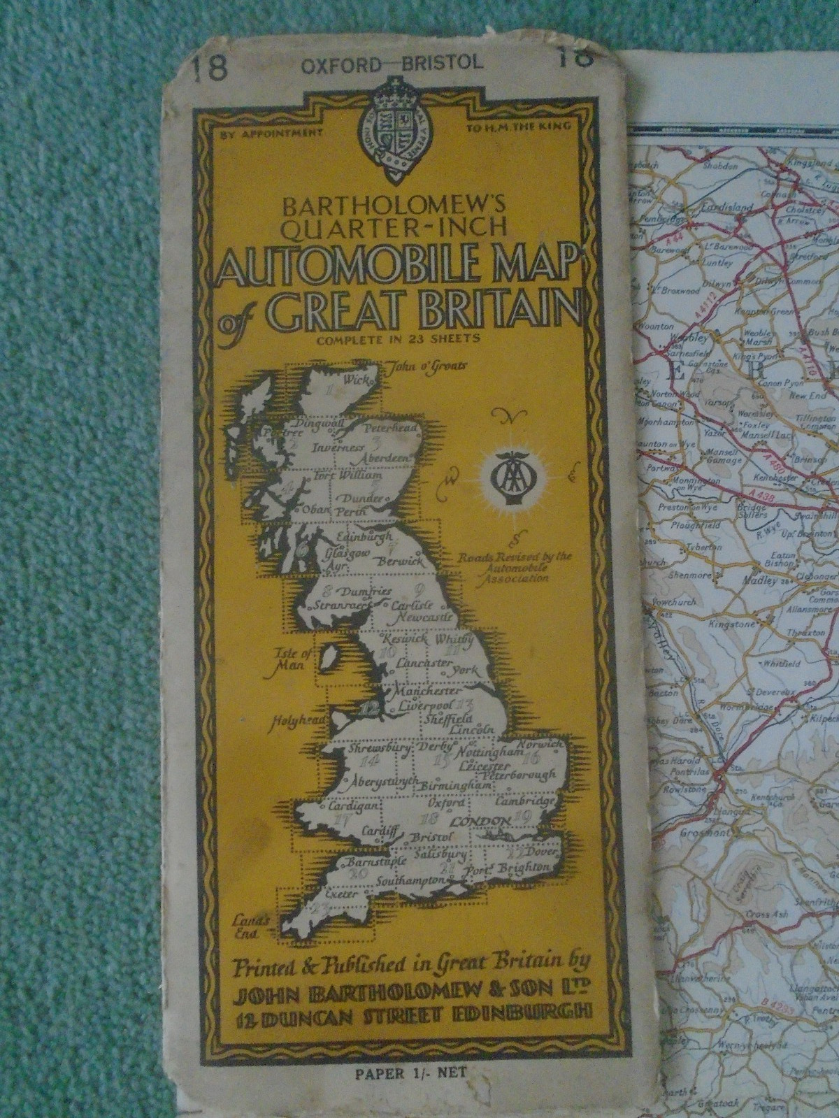 AA Barts. Map as Ord Survey Oxford, Bristol 1933 Gloucester, Cheltenham, Swindon