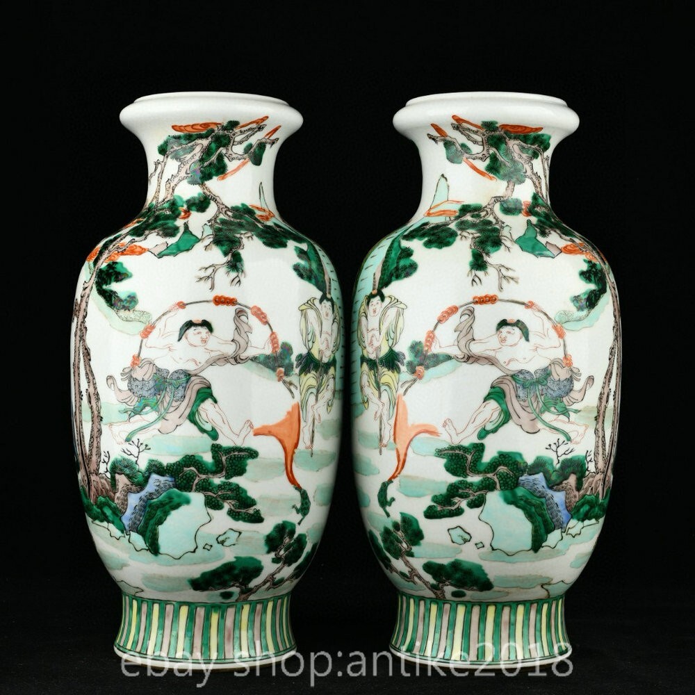 16.6″Old Chinese Wu Cai Porcelain Kangxi Dynasty Immortal Story Bottle Vase Pair