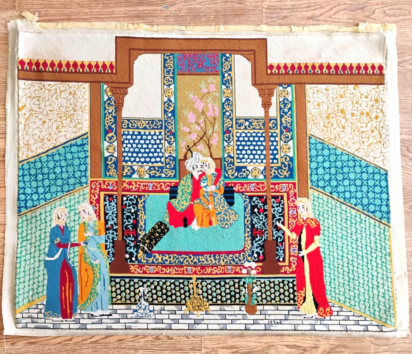 RARE LG Needlepoint Khamsa of Nizami Persian inspired Tapestry 39.5 x 31.5″ 1974