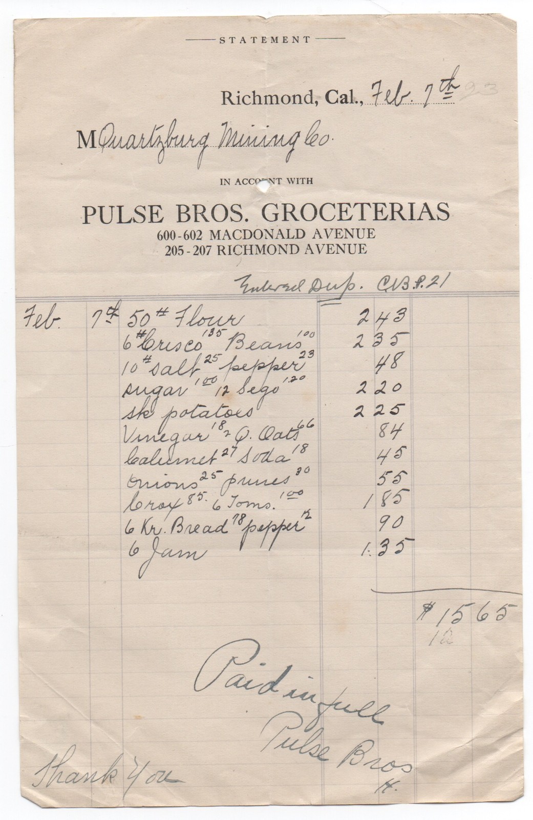 1915 Billhead from Pulse Bros Grocery Richmond CA to Quartzburg Mine Mariposa