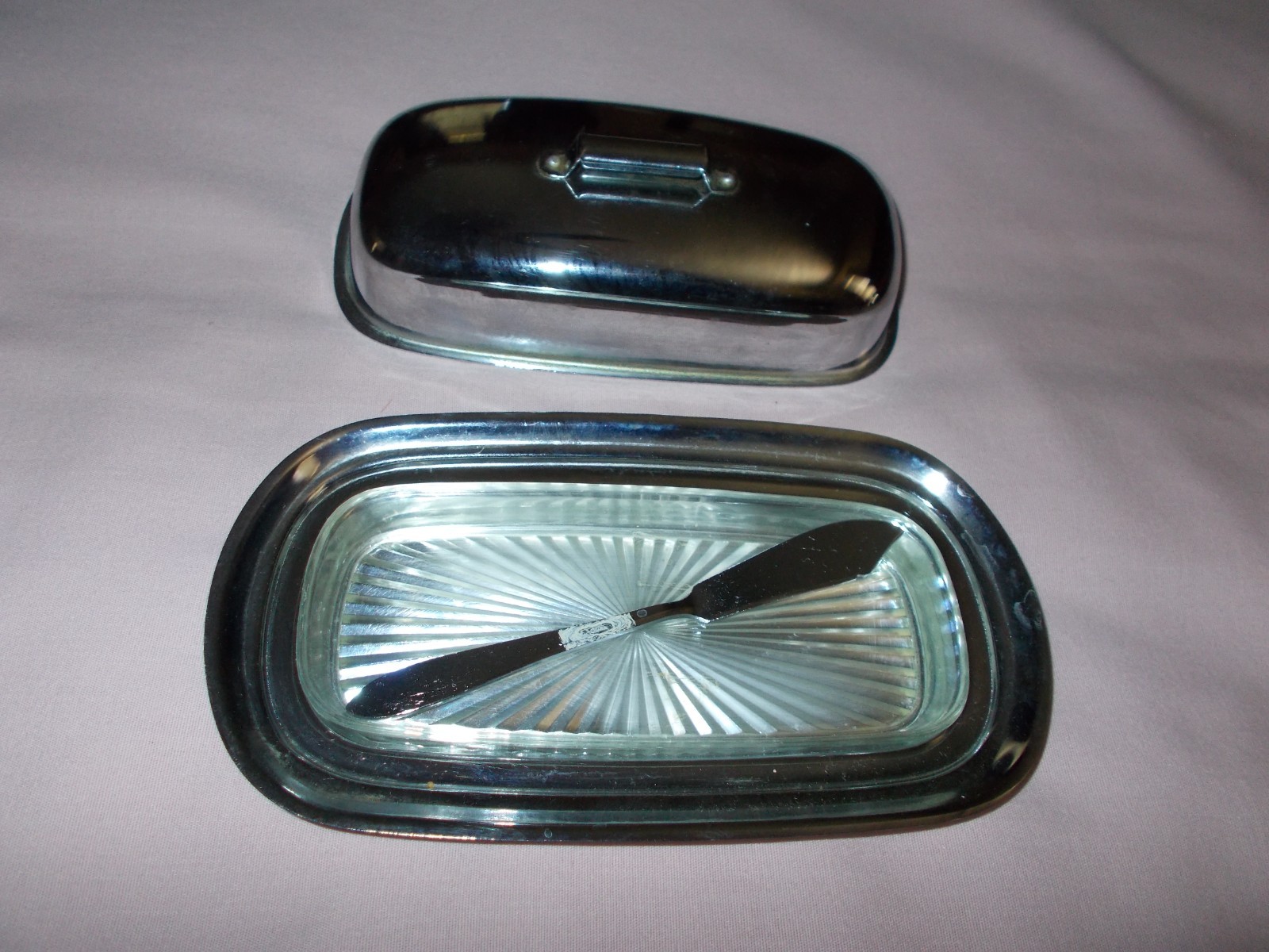 Vintage Silver Plated Metal Butter Dish With Lid Knife and Plastic Insert