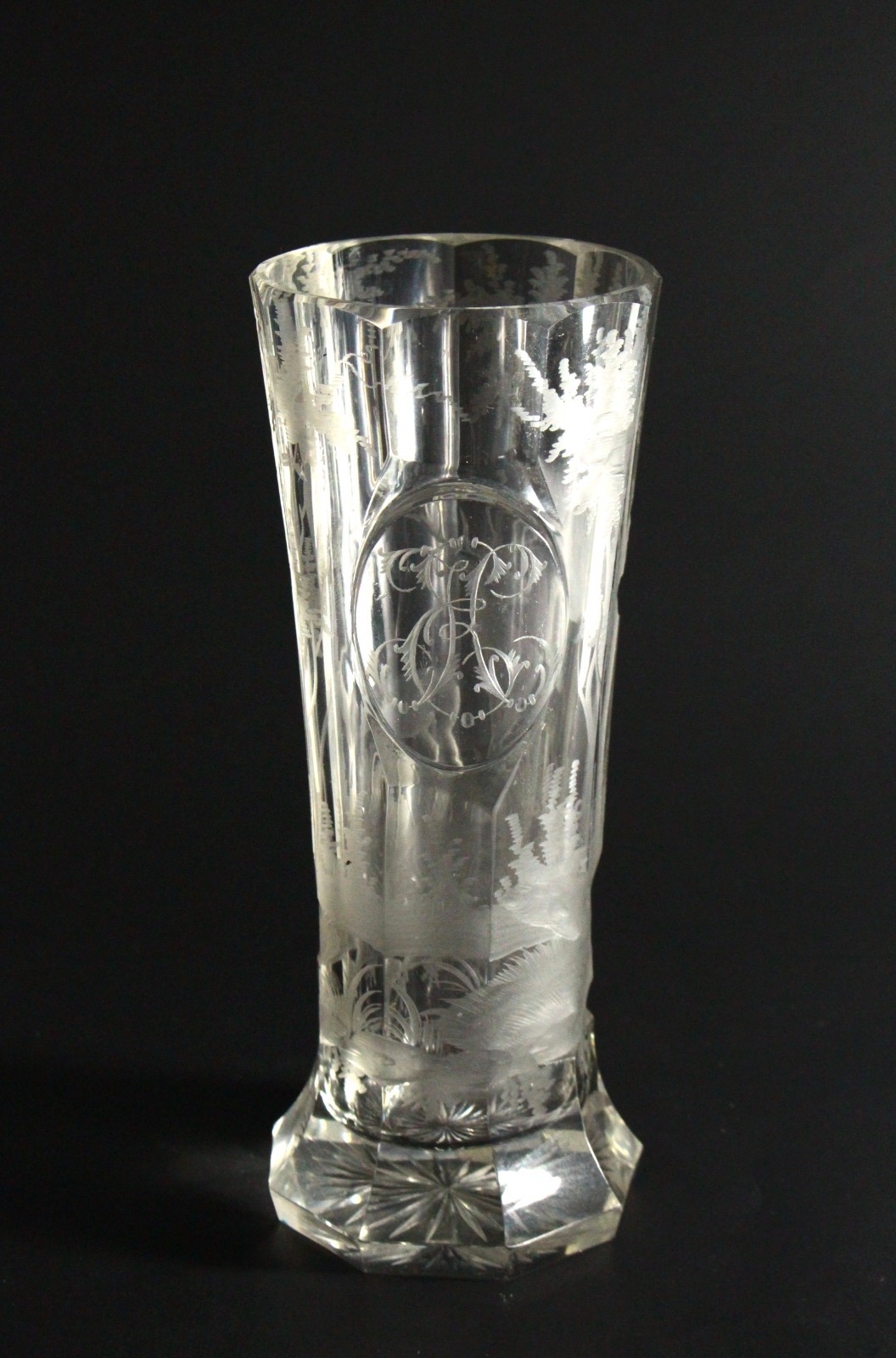= Mid 1800’s A. Bohm Bohemian Cut Clear Crystal Glass Beaker Tumbler Deer Scene