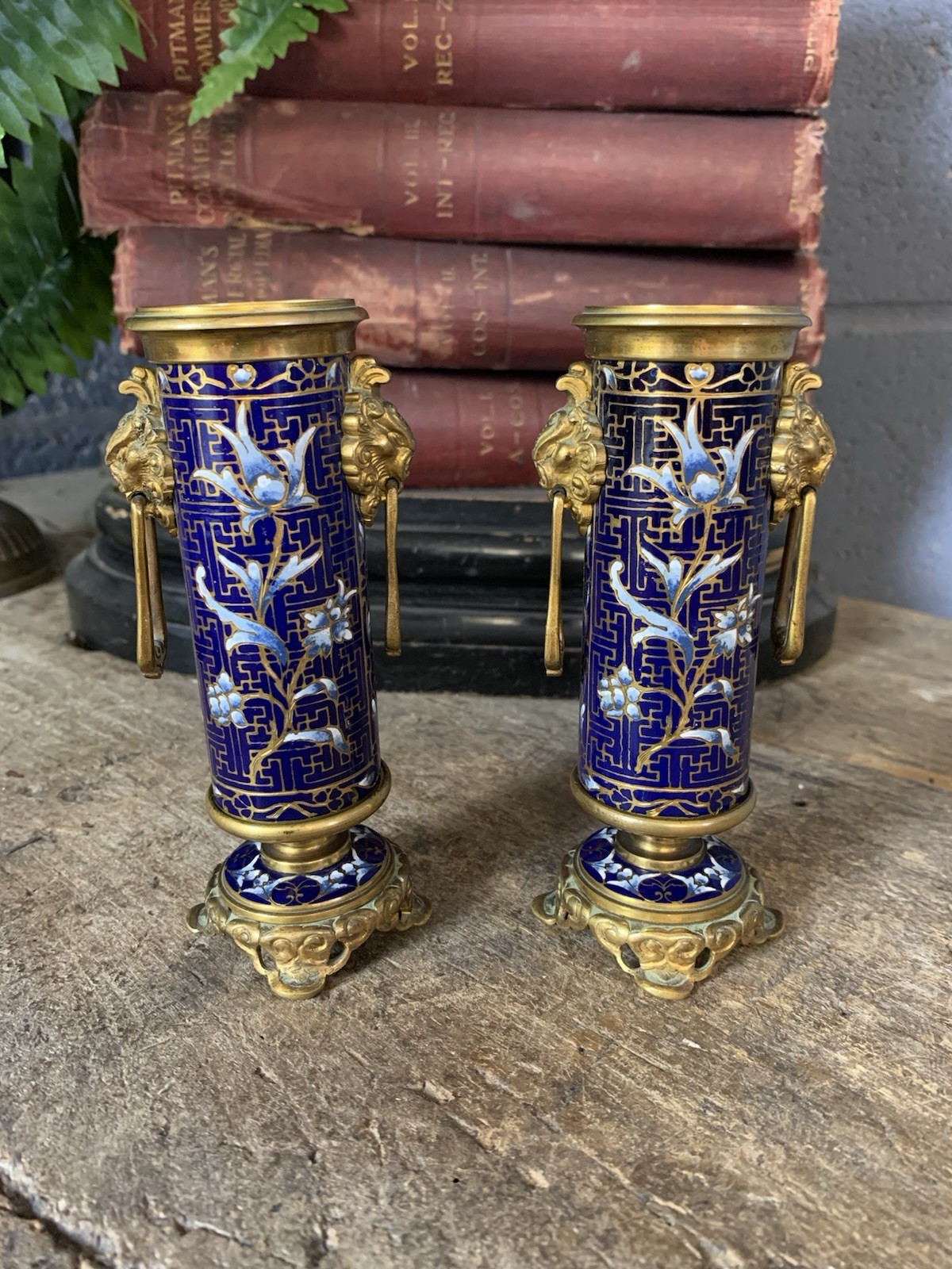 Antique PAIR Blue Cloisonné Vases Spills Susse Frères Gilt Bronze Ormolu Lion