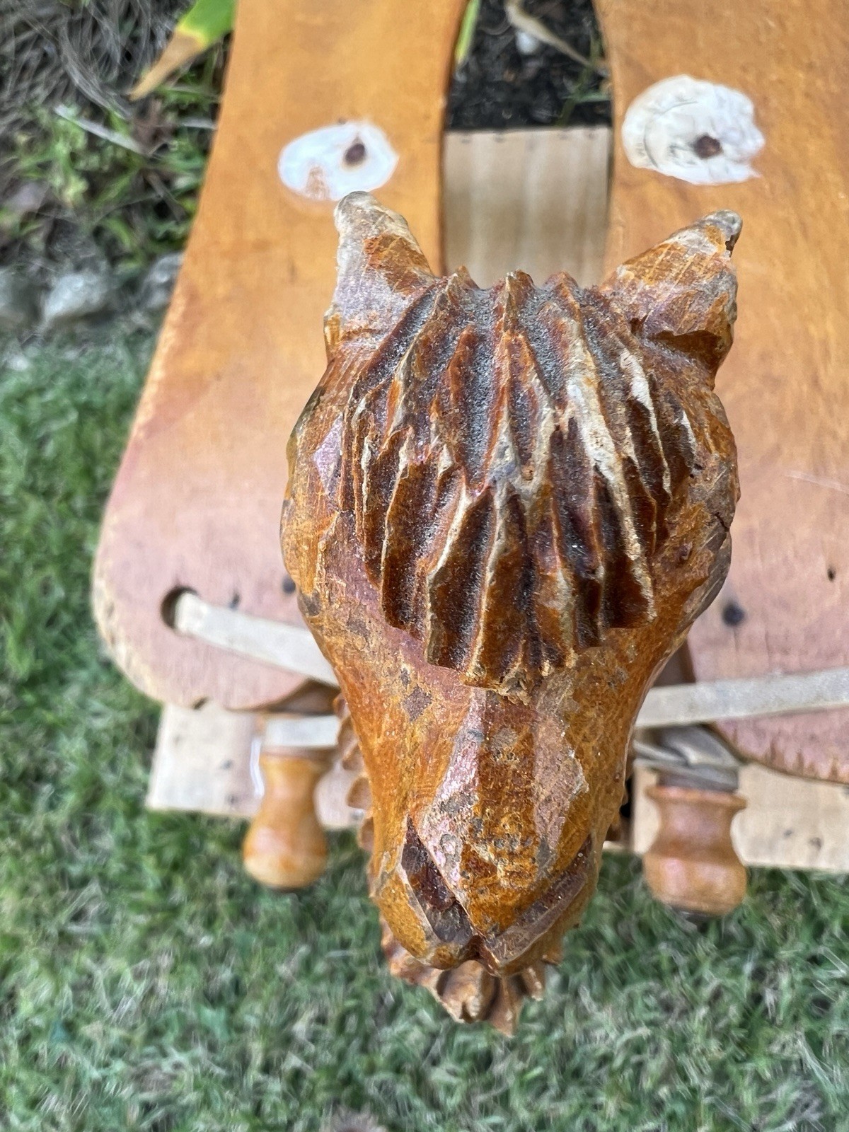 Vintage Turkish Hand-Carved Camel Saddle Stool Folk Art Original – Export Label