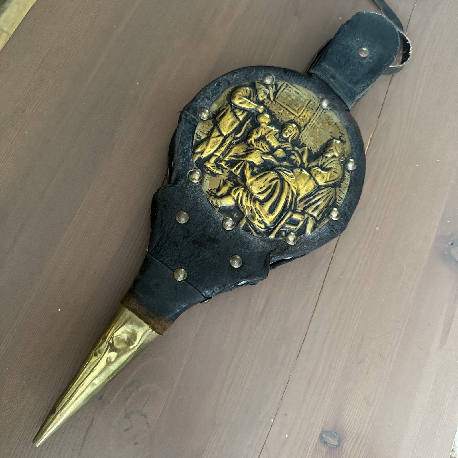Vintage Brass , Leather And Wood Fireplace Bellows .