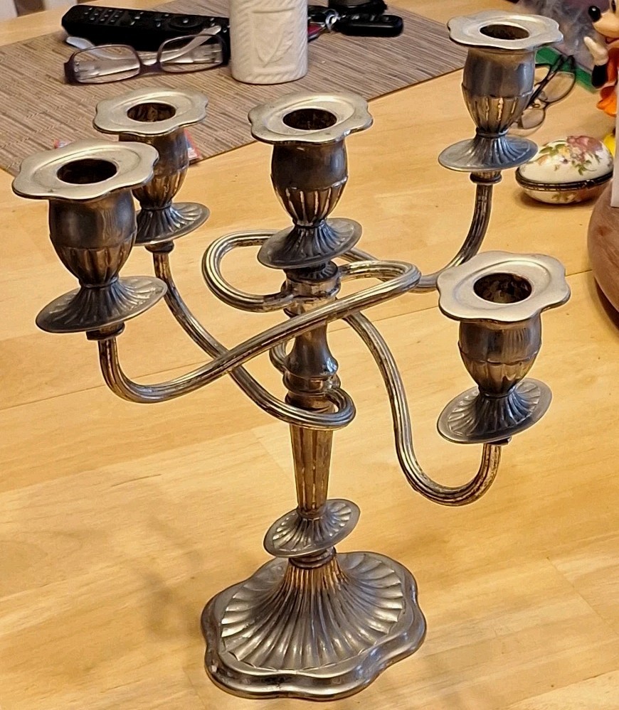 Twisted Five Arm Silver Plate Candalabra with Fluted Base – Made In England