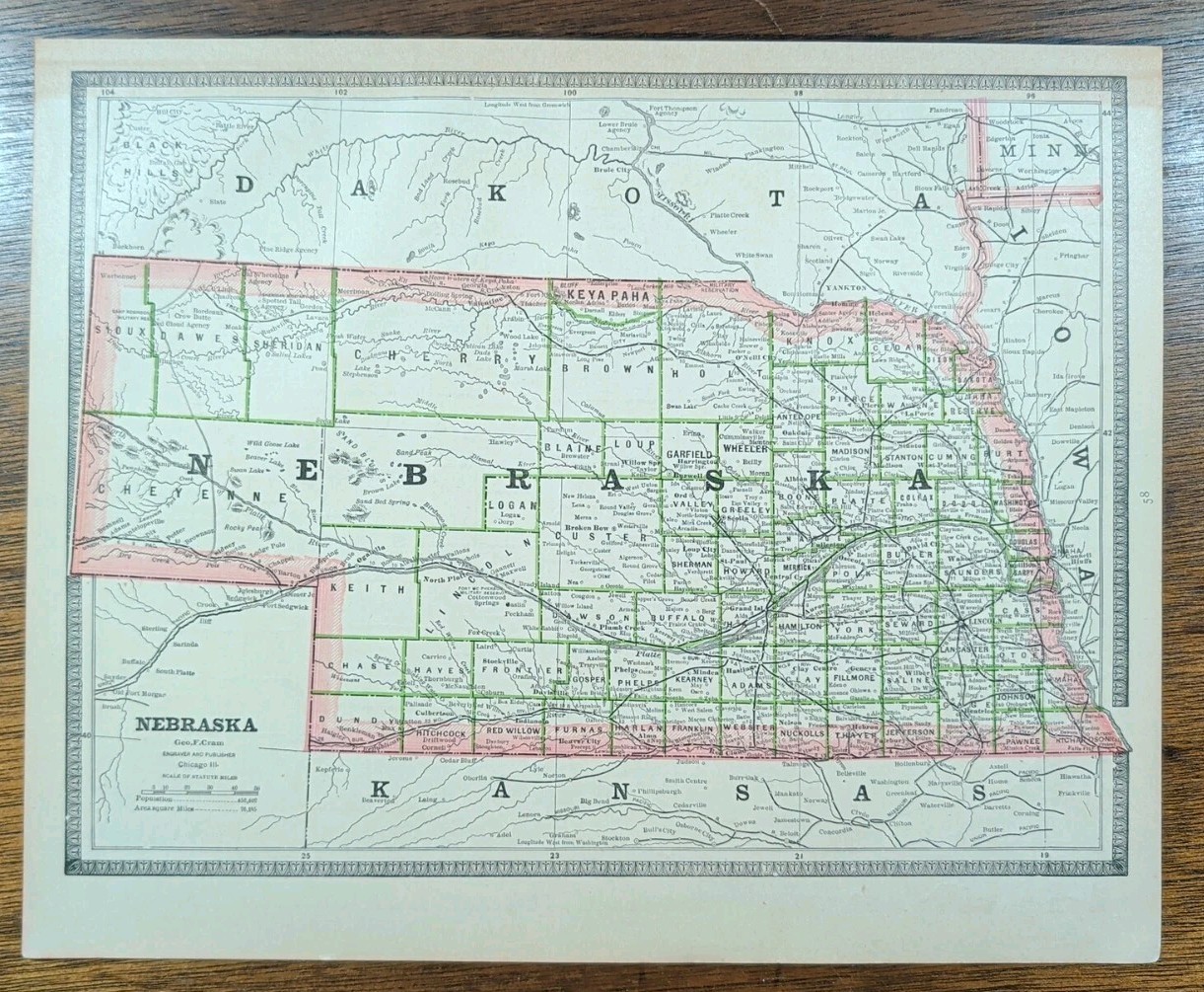 Vintage 1886 NEBRASKA Map 13″x11″ Old Antique Original BELLEVUE NORTH PLATTE NE