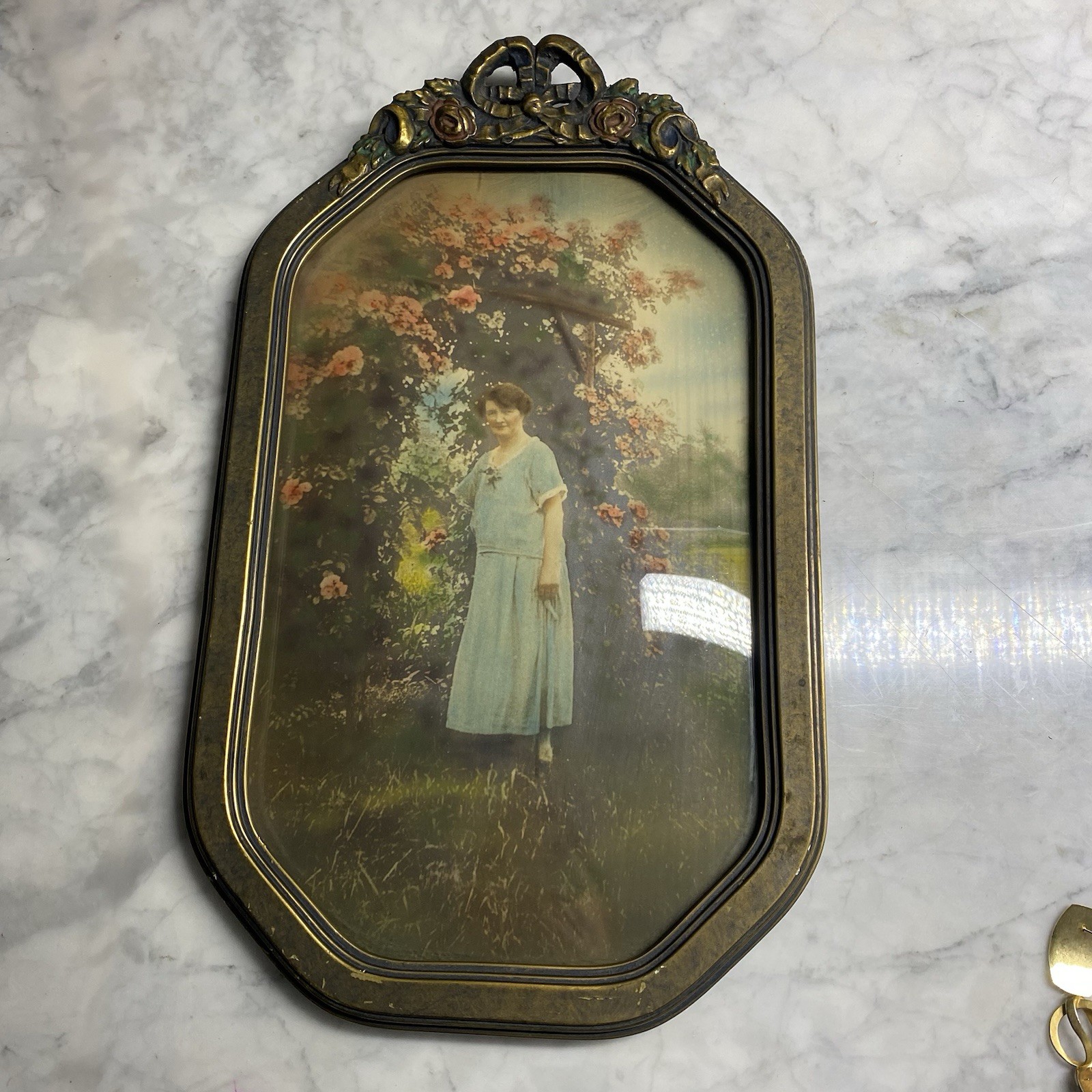 Antique Photograph In Convex Bubble glass Wood Frame Woman In Her Flower Garden