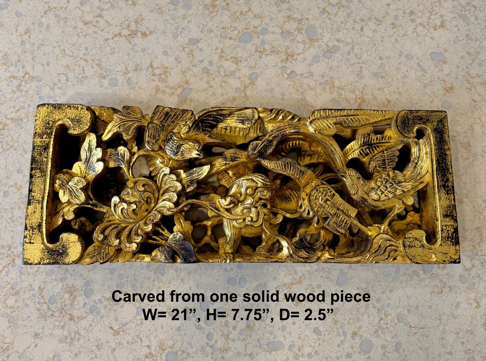 Antique Deep High Relief 21″ Gold Gilt Late Qing Dynasty Style Foo Dog & Birds