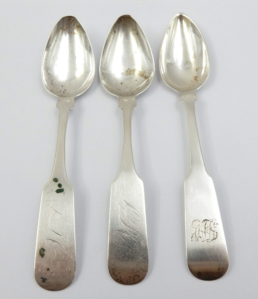 ANTIQUE SET OF THREE .900 COIN SILVER TEASPOONS W/MONO – 44.4 GRAMS TOTAL SCRAP