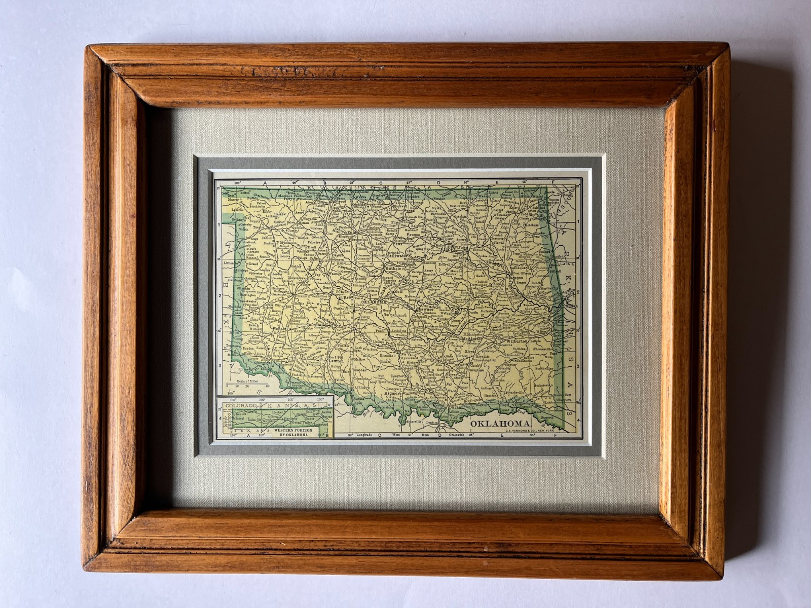1927 OKLAHOMA State Map, Frame/Dbl Mat fm the 1927 World Atlas SEE DESCRIP