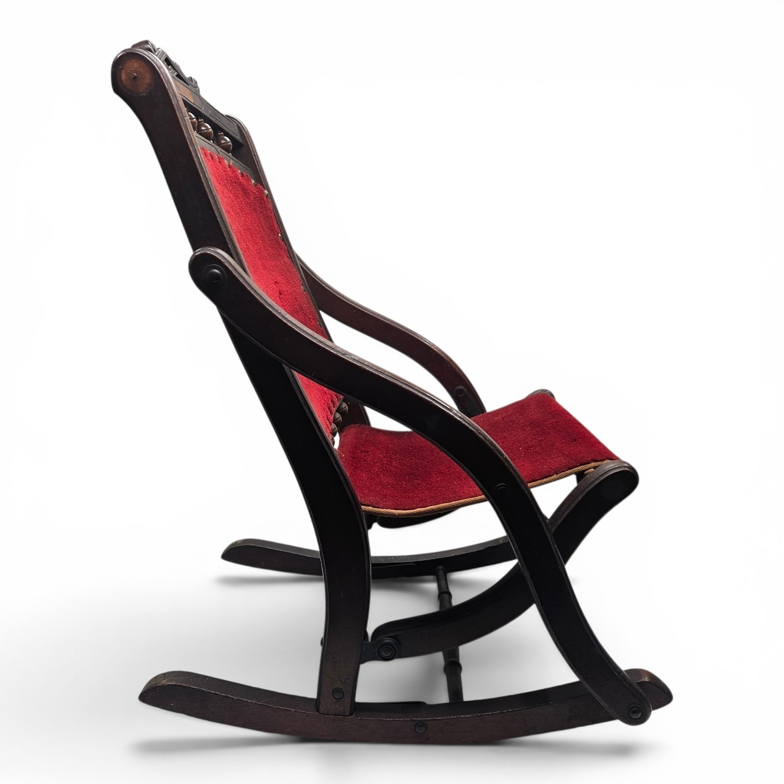 Antique E.W. Vaill Child Folding Rocking Chair Red Upholstered Wood 26″