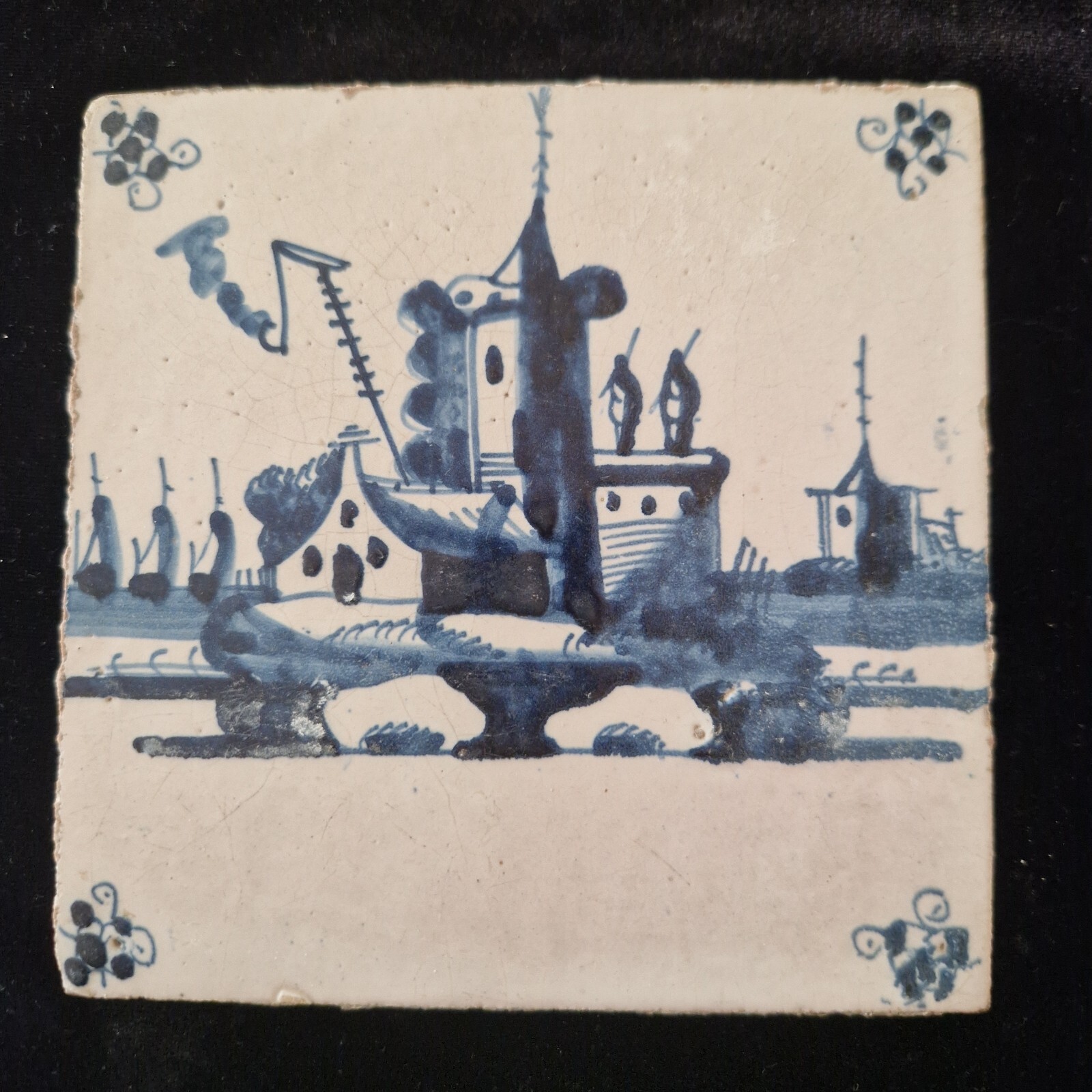 Antique 18th C Delft Tile “Dutch Landscape” Corner Motif “Spider”