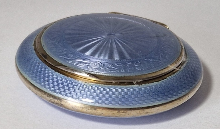 FRENCH SOLID SILVER VIOLET GUILLOCHE ENAMEL MIRROR POWDER COMPACT PENDANT