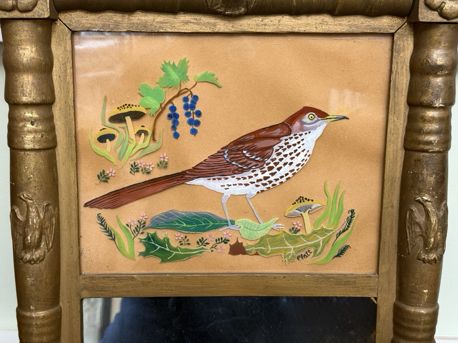 Antique Federal Mirror Reverse Painted Bird on Glass Signed PLATT Brown Thrasher