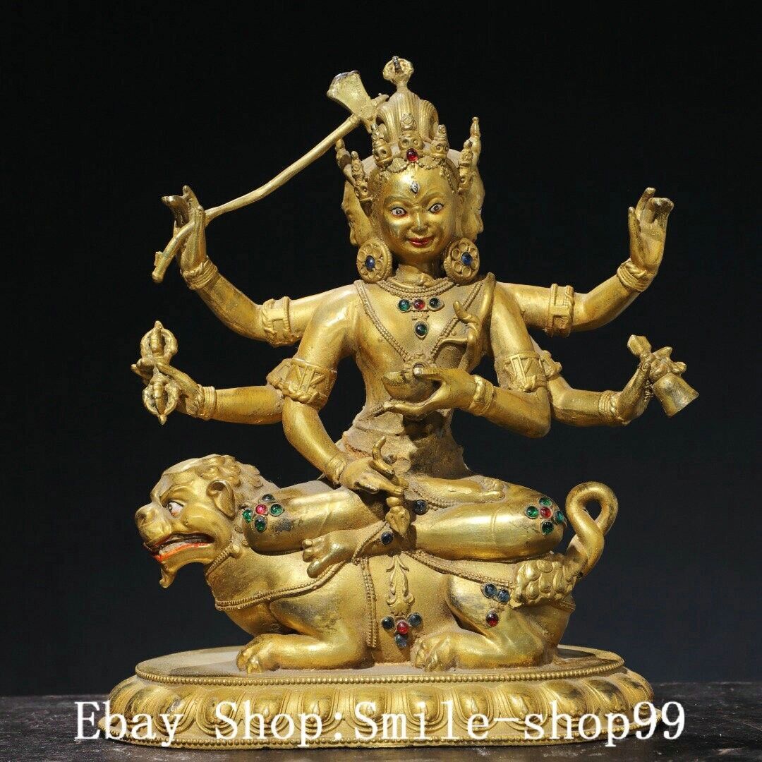 9″ Old Tibet Buddhism Pure Bronze Gilt 3 Head 6 Arms Ride Beast Buddha Statue