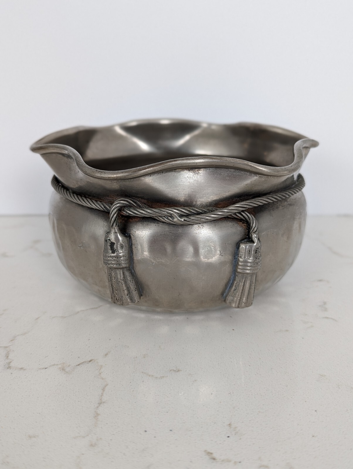 Brass Bowl Clinch Coin Purse Rope Design Antique Silver Wash Hammered Farmhouse