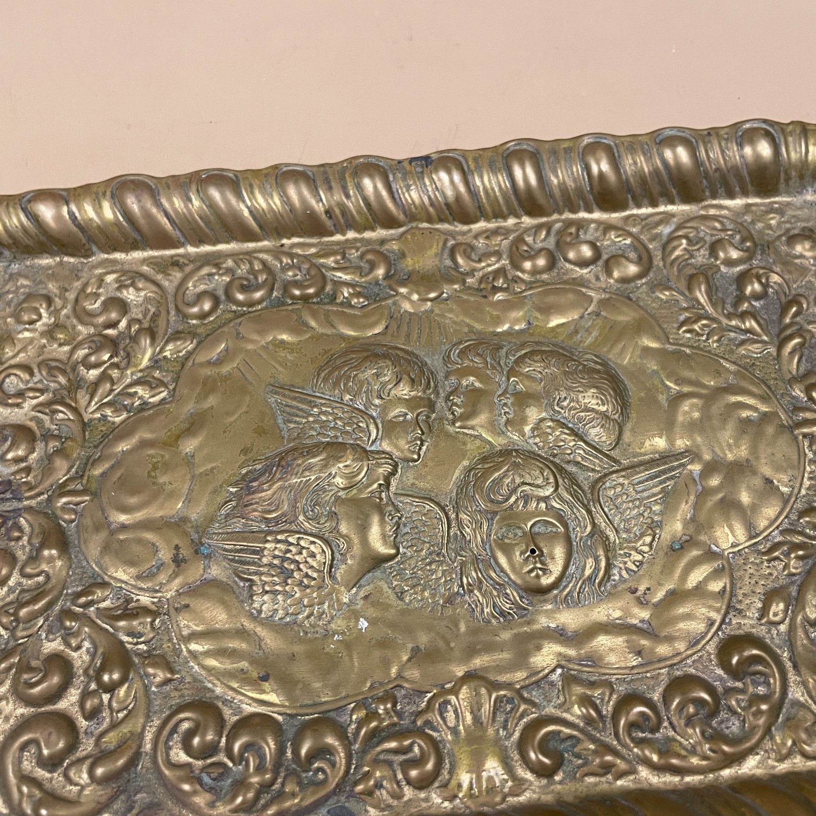 Antique Brass Tray Metal Rectangle Decorative Babies Cherubs Arts & Crafts Small