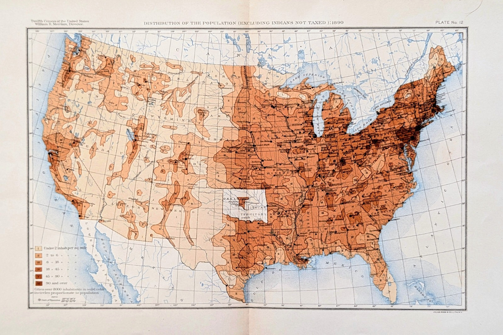 1890 United States Population Excluding Indians Not Taxed MAP – Original –