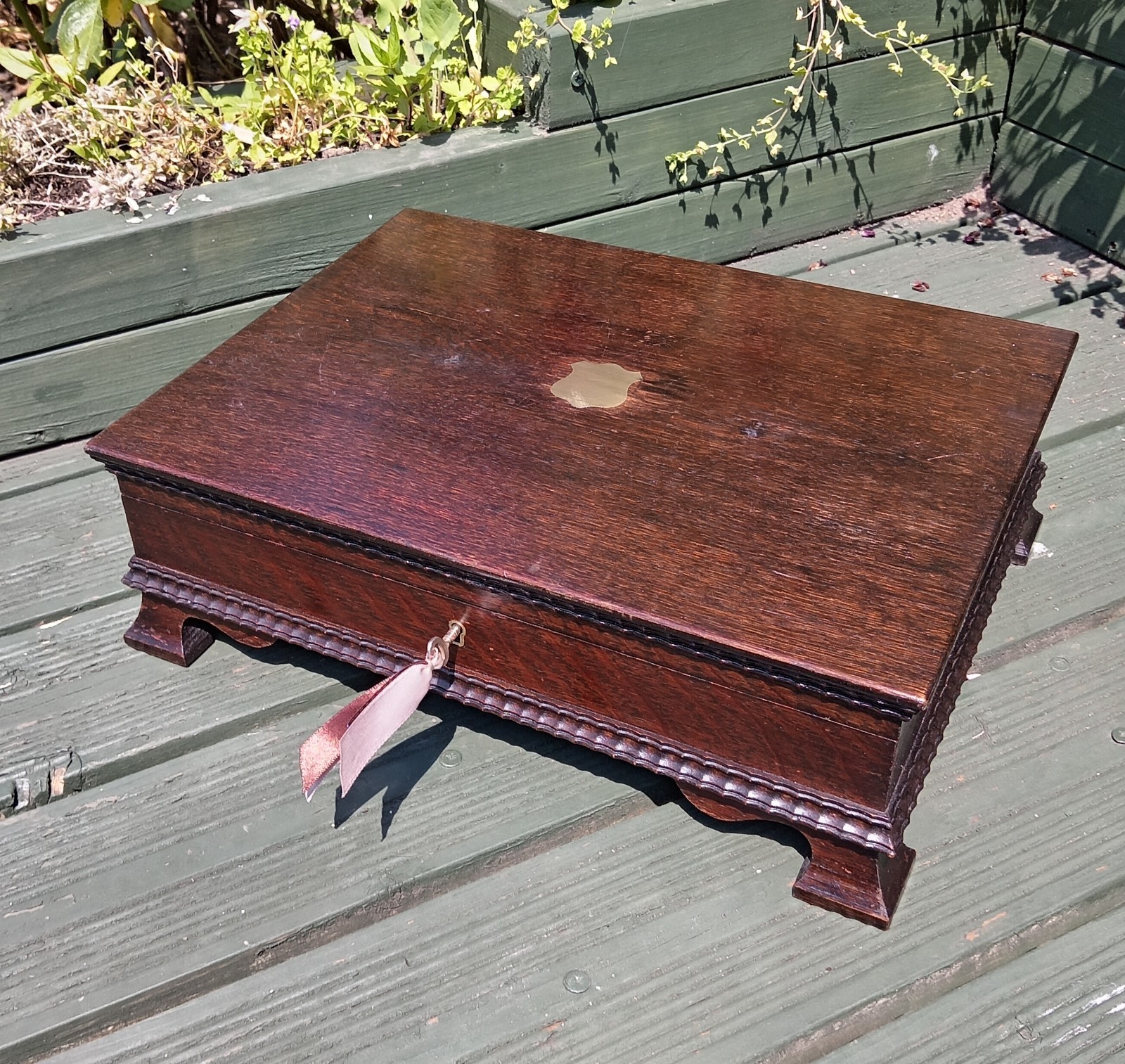 Large Antique Edwardian Oak Box with Lock & Key, Lovely Interior