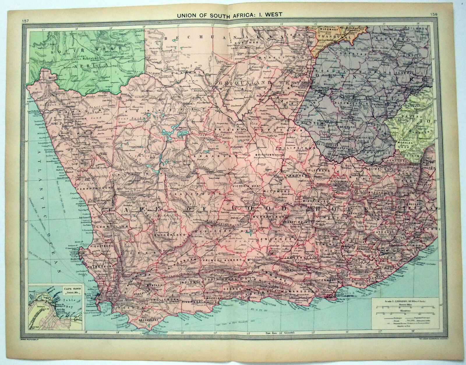 Union of South Africa – Western – Large Original 1926 Map by George Philip.