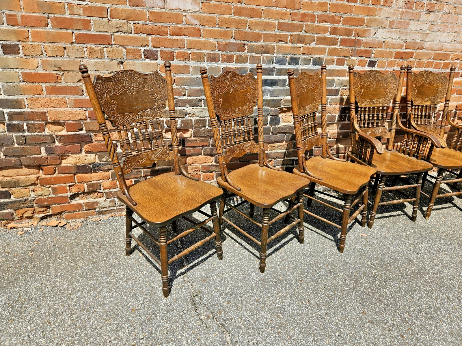 Vintage Solid Oak Pressed Back Dining Chairs – Rare set of 8