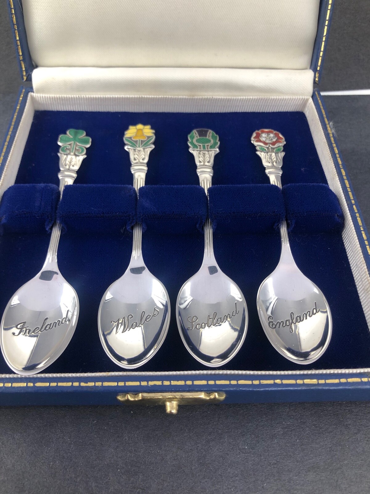4 nations silver and enamel tea spoons Scotland, England, Ireland Wales 1987