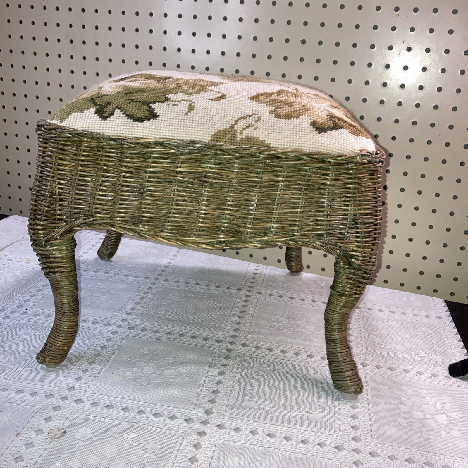 Needlepoint Victorian Style Floral Small Stool Ottoman Wicker Base Curved Legs