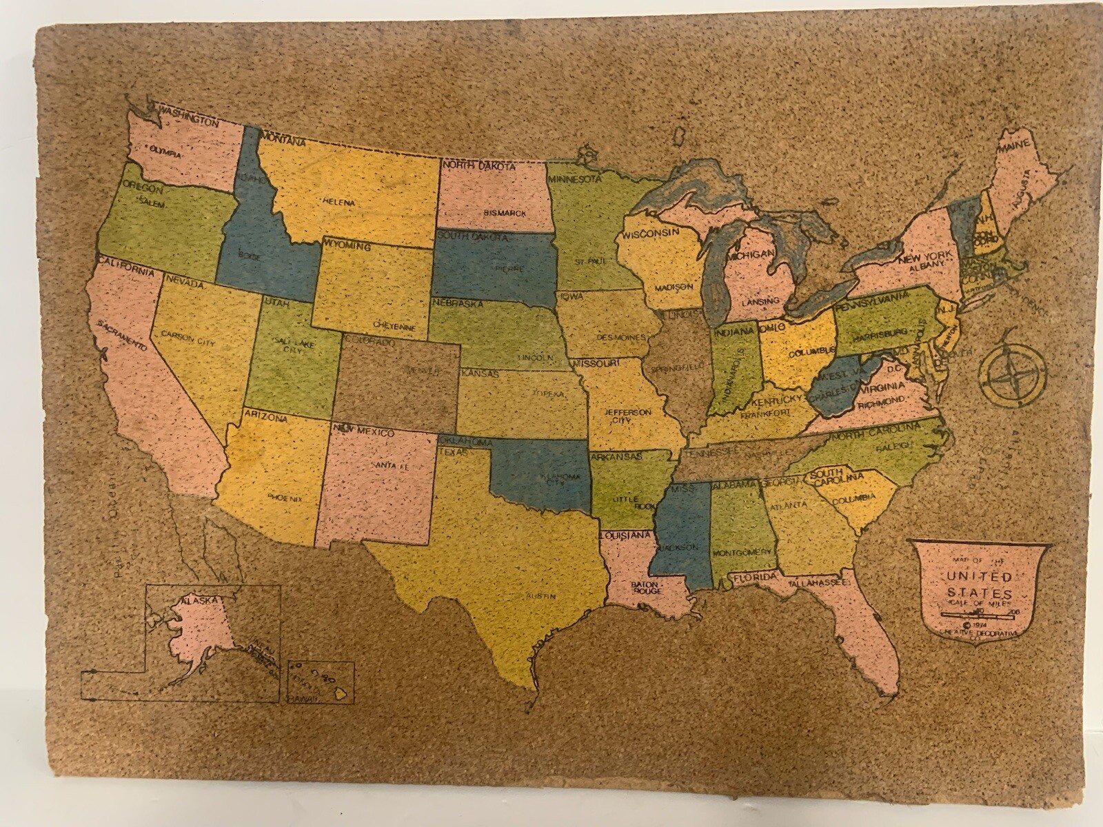 Vintage 1974 School wall USA Map Cork