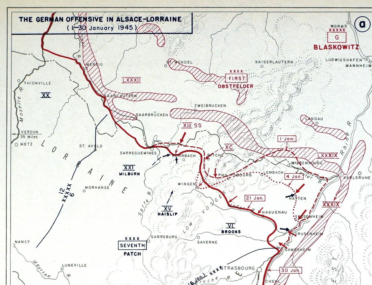 WWII Map 64 Alsace-Lorraine German Offensive Colmar Pocket Allied Rhineland Plan
