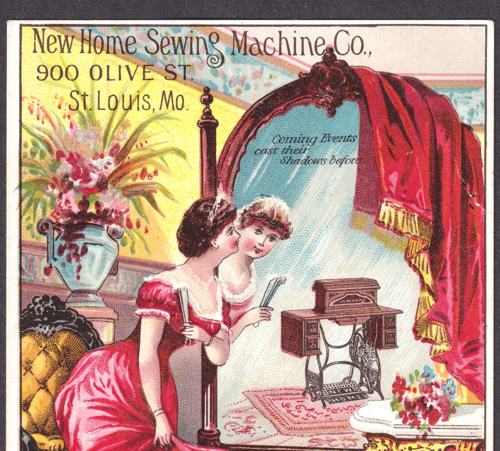 Victorian Antique New Home Sewing Machine Mirror Fan Lady Advertising Trade Card