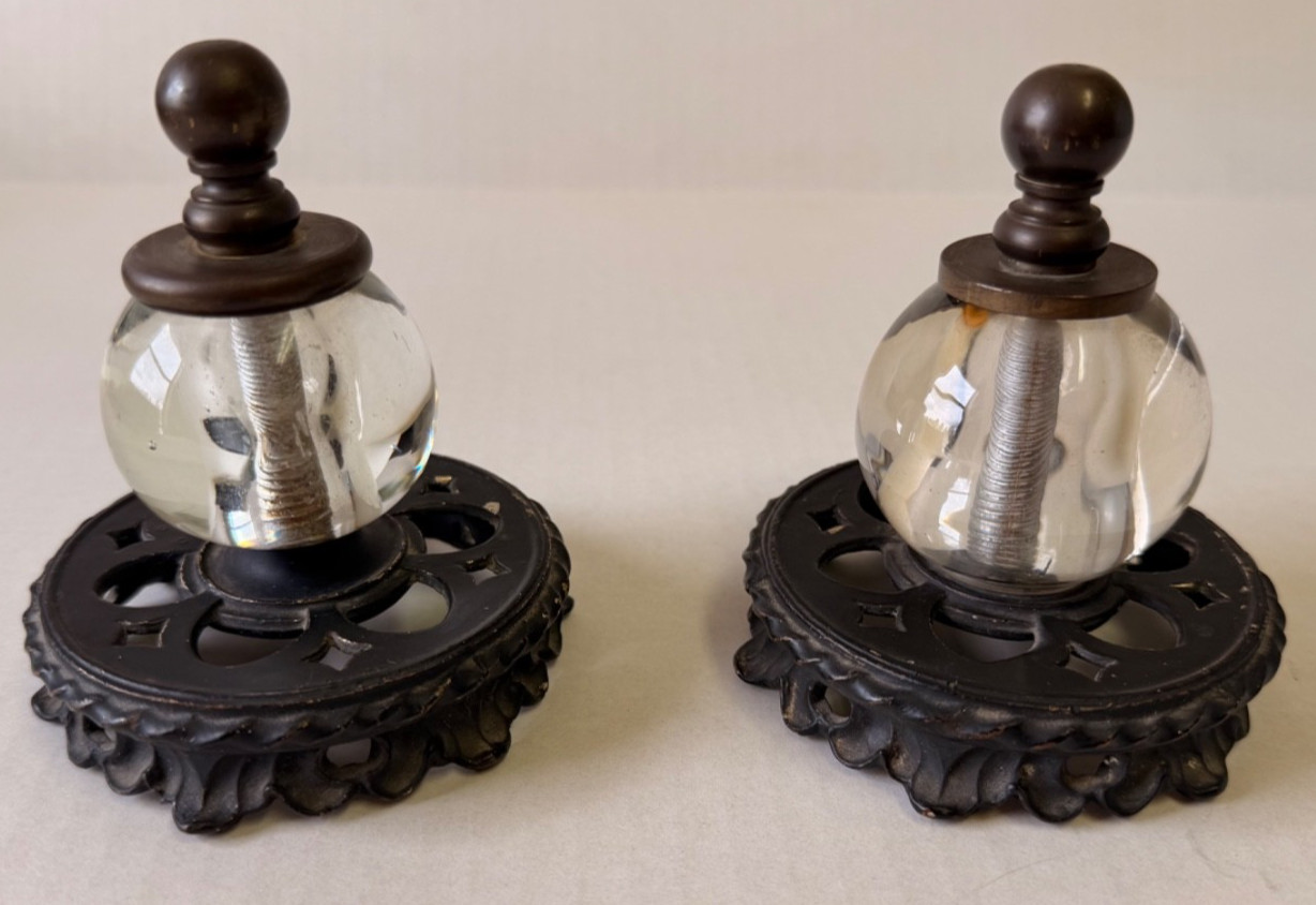 Antique Empire Cast Iron & Glass Orb Finials (Pair) Architectural Post /Lamp Cap