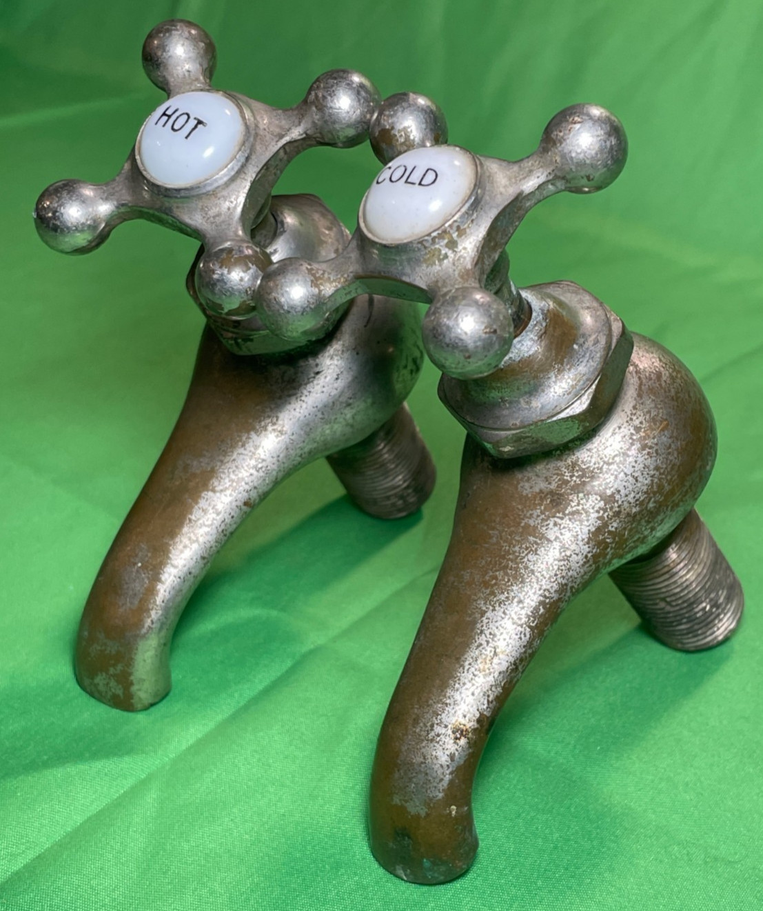 Antique Pair of Brass Porcelain Hot & Cold Farmhouse Sink Faucets Cross Handles