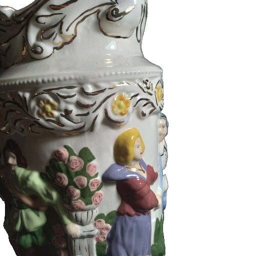 Colonial Theme Ceramic Embossed Handpainted Umbrella Cane Stand Vase 17″x10″ Vtg