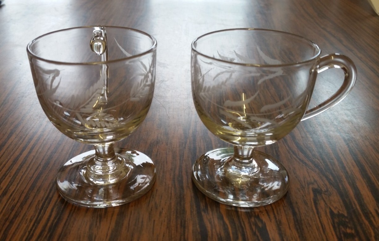 Pair Antique 19th Century Hand Blown Glass Custard Cups With Engraved Fern Leaf 
