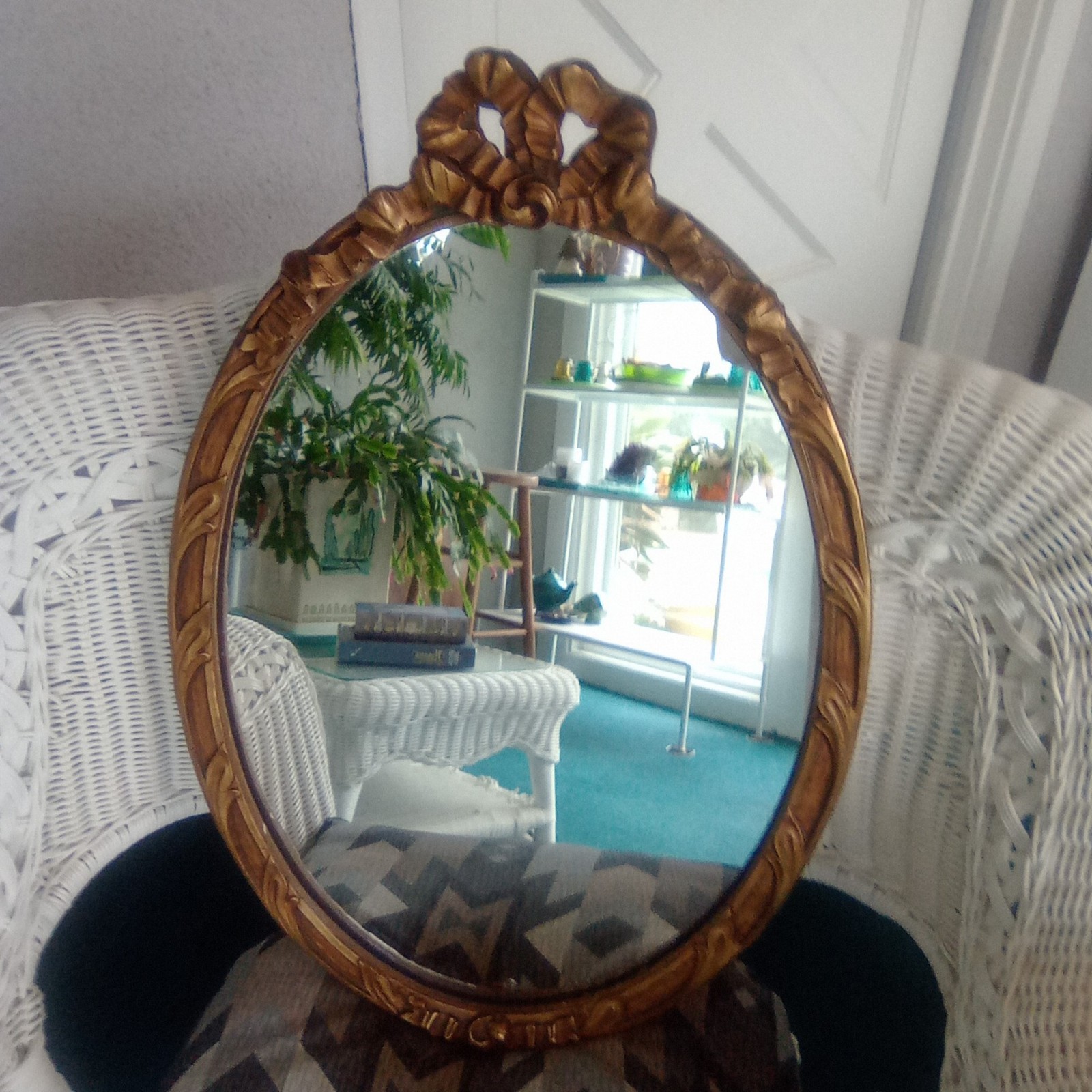 Vintage Oval Wall Mirror w/Ribbon & Bow Crest Wood Frame 23″ X 15.5″