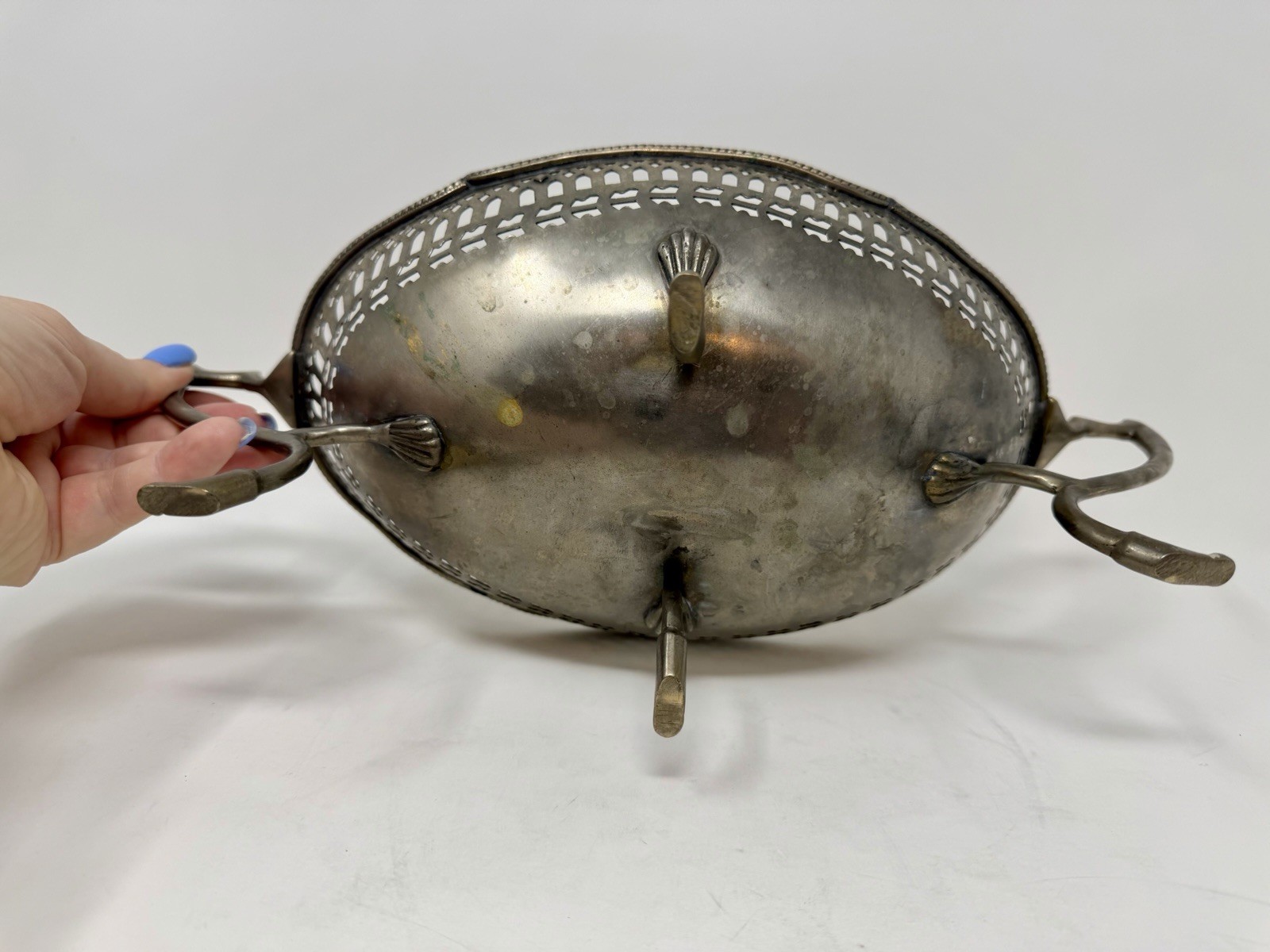 Antique Silverplate Pierced Gallery Oval Footed Bowl with Handles Fruit