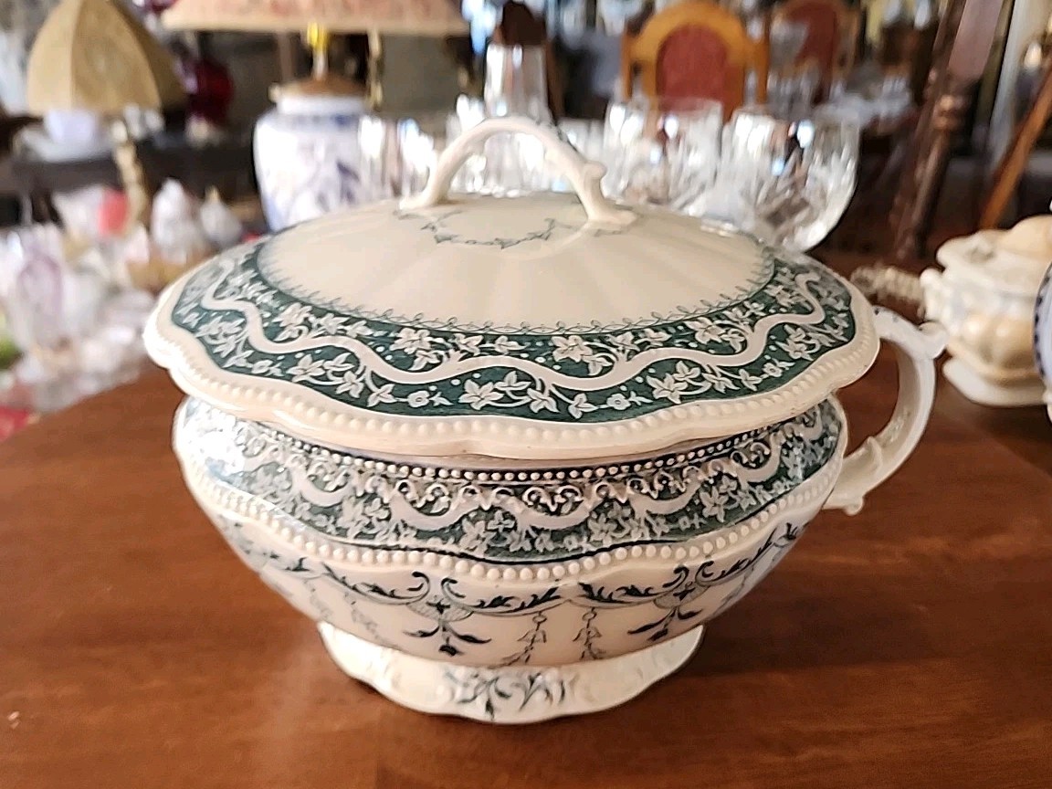 Antique Teal Blue Transferware Smi Porcelain Chamber Pot With Lid