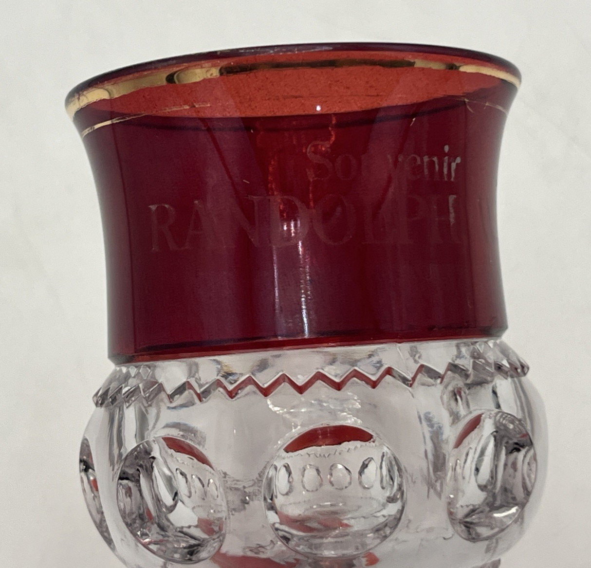 Antique Ruby Red Flash Footed Glass Souvenir Randolph Wis Wisconsin 4 5/8″ Tall