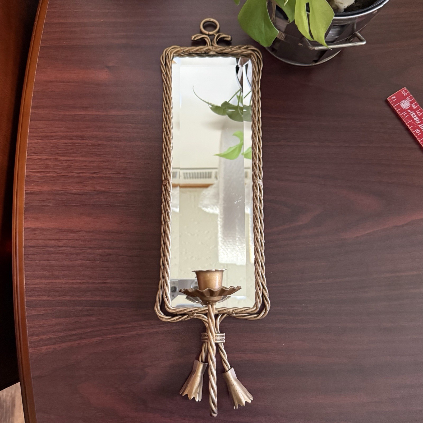Vintage Gold Metal Rope And Tassle Candle Sconce, Wall Mirror-Cottage Core