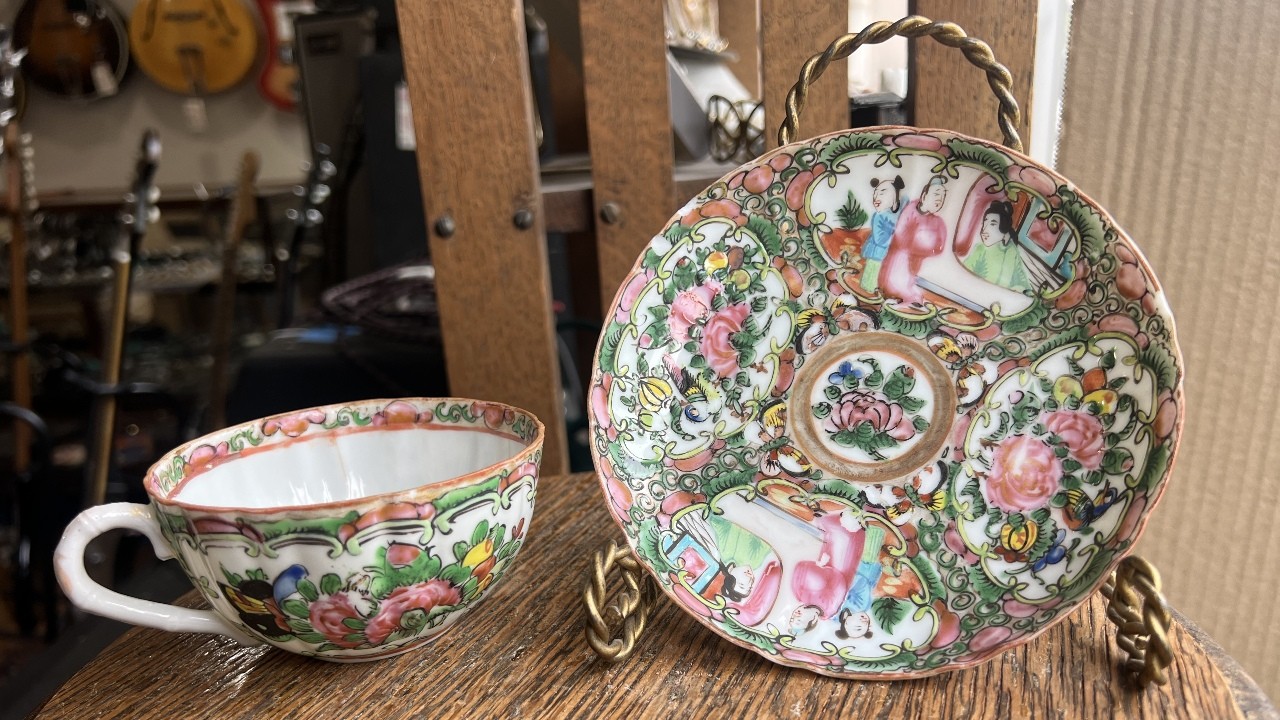 Antique Chinese Famille Rose Medallion Porcelain Tea Cup & Saucer – 19th Century